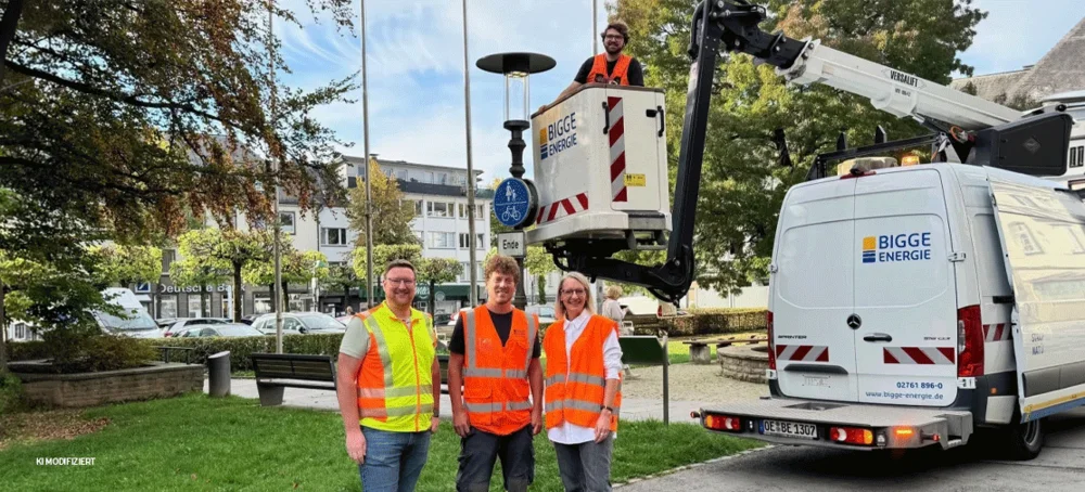 Monteure der Bigge Energie und Verantwortliche der Stadt Olpe vor dem Steiger der Bigge Energie