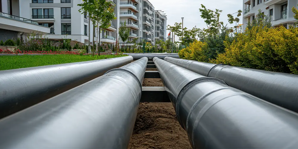 Fernwärmenetz vor Mehrfamilienhäuser